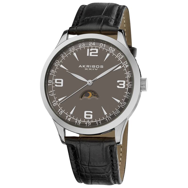 Akribos XXIV Men's Swiss Quartz Moon Phase Leather Silver-Tone Strap Stainless Steel Watch