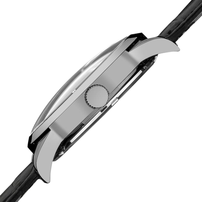 Akribos XXIV Men's Swiss Quartz Moon Phase Black Leather Silver-Tone Strap Watch