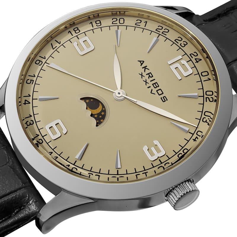 Akribos XXIV Men's Swiss Quartz Moon Phase Black Leather Silver-Tone Strap Watch