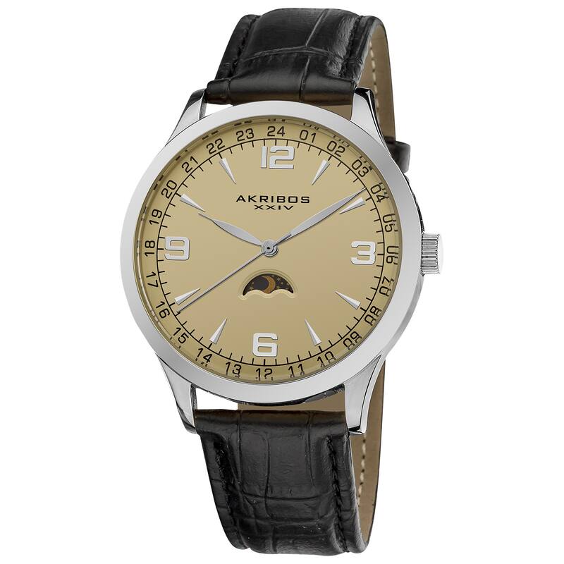 Akribos XXIV Men's Swiss Quartz Moon Phase Black Leather Silver-Tone Strap Watch