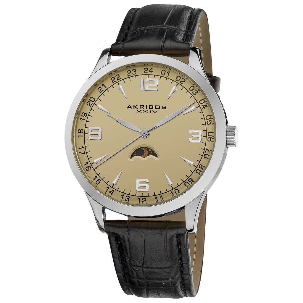 Akribos XXIV Men's Swiss Quartz Moon Phase Black Leather Silver-Tone Strap Watch
