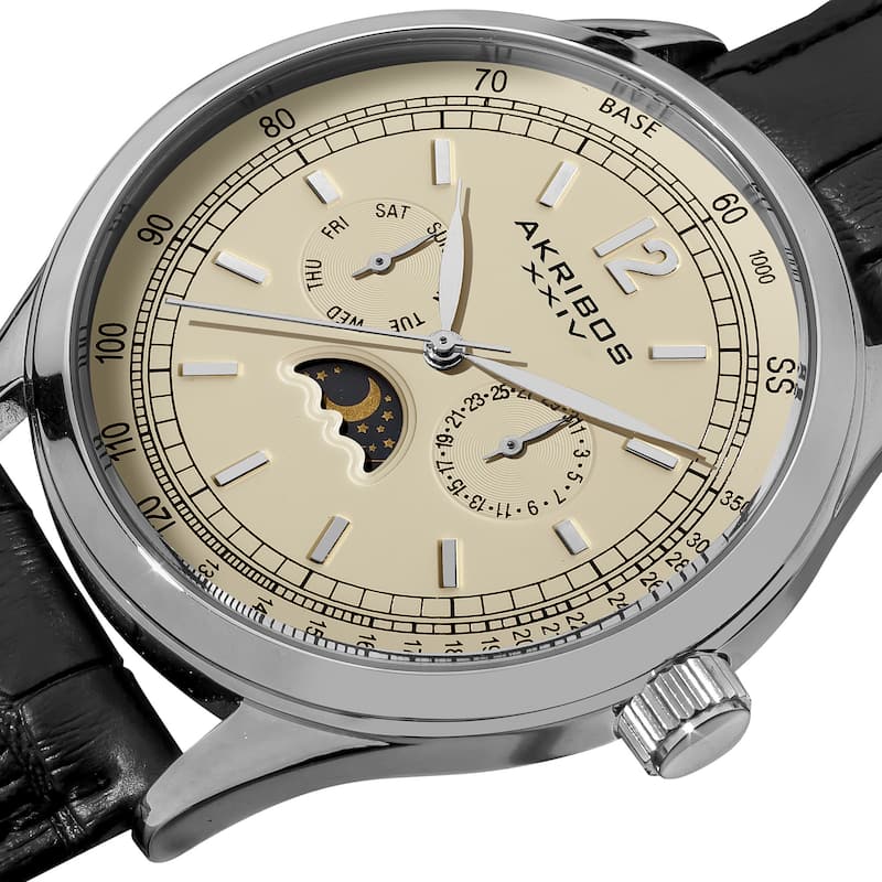 Akribos XXIV Men's Swiss Quartz Moon Phase Leather Silver-Tone Strap Watch with Champagne Dial