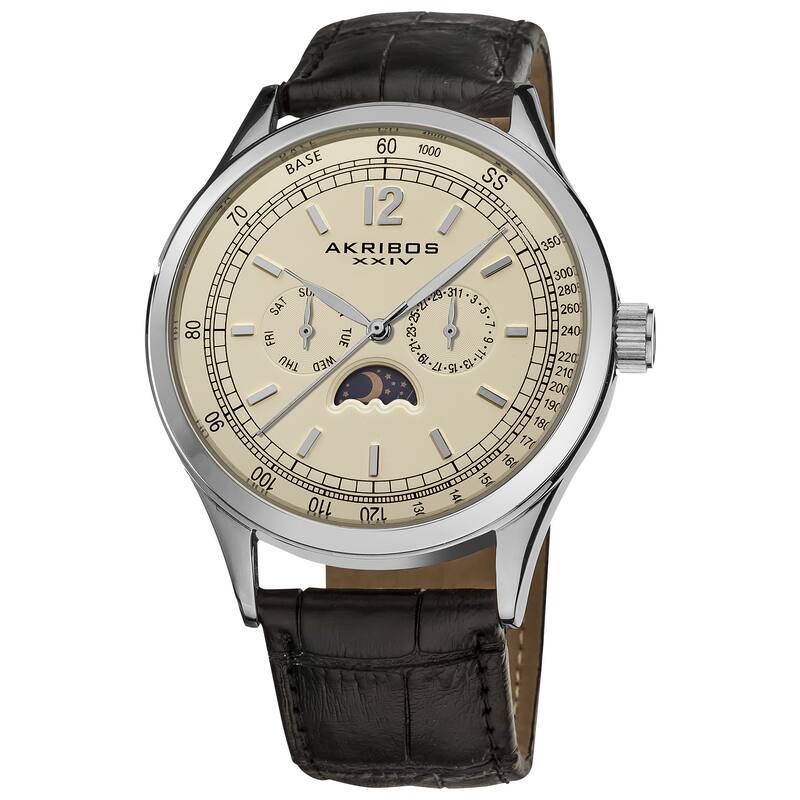 Akribos XXIV Men's Swiss Quartz Moon Phase Leather Silver-Tone Strap Watch with Champagne Dial
