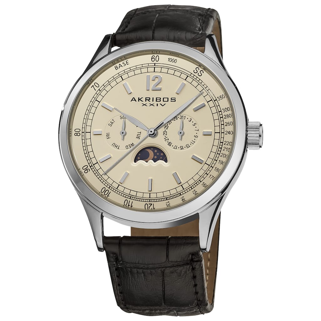 Akribos XXIV Men's Swiss Quartz Moon Phase Leather Silver-Tone Strap Watch with Champagne Dial