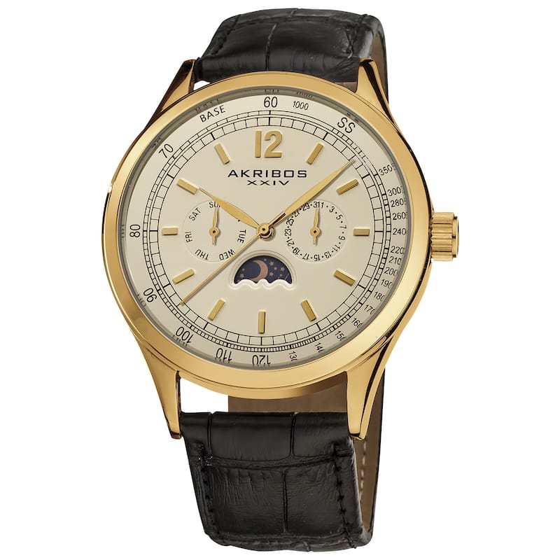 Akribos XXIV Men's Goldtone Swiss Quartz Moon Phase Leather Strap Watch