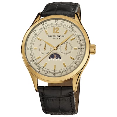 Akribos XXIV Men's Goldtone Swiss Quartz Moon Phase Leather Strap Watch
