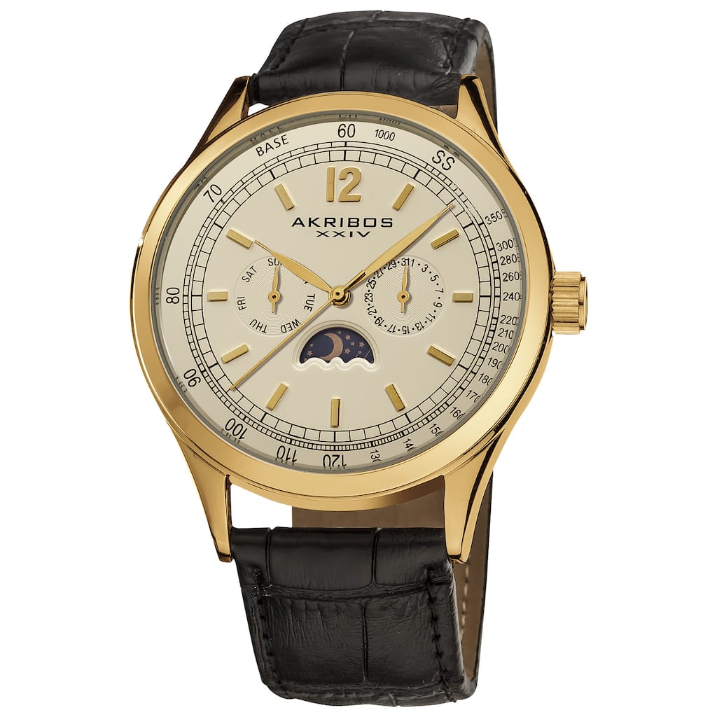 Akribos XXIV Men's Goldtone Swiss Quartz Moon Phase Leather Strap Watch