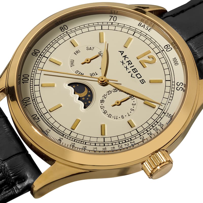 Akribos XXIV Men's Goldtone Swiss Quartz Moon Phase Leather Strap Watch