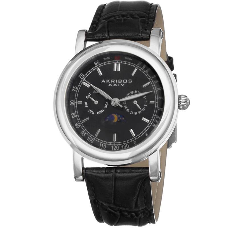 Akribos XXIV Men's Quartz Multifunction Matte Dial Black Leather Silver-Tone Strap Watch