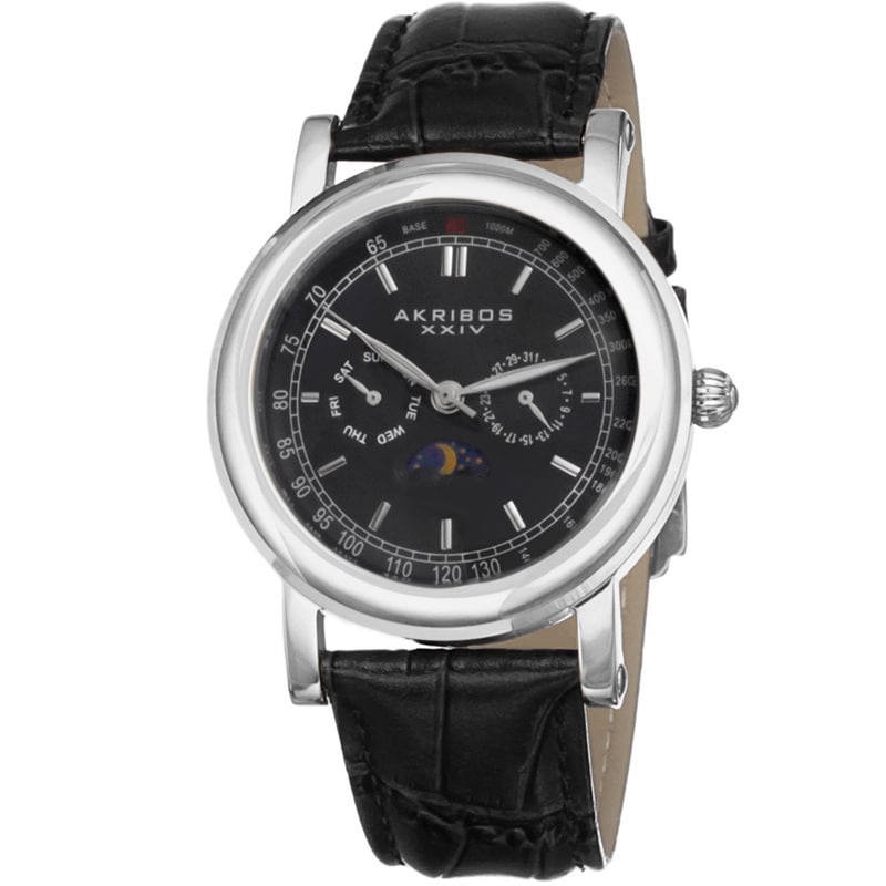Akribos XXIV Men's Quartz Multifunction Matte Dial Black Leather Silver-Tone Strap Watch