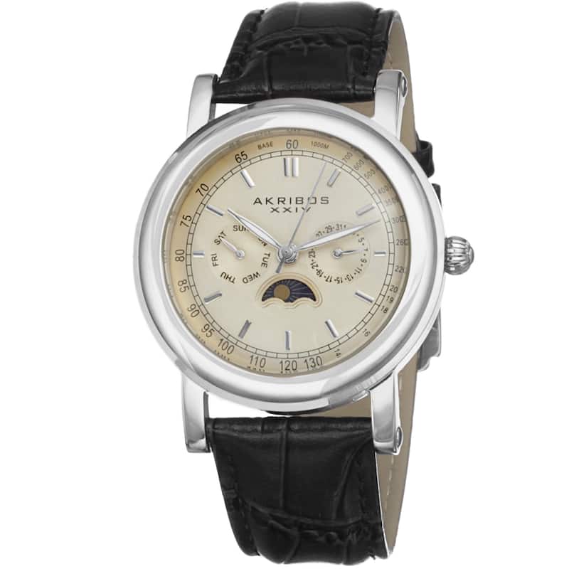 Akribos XXIV Men's Quartz Multifunction Matte Dial Leather Silver-Tone Strap Watch