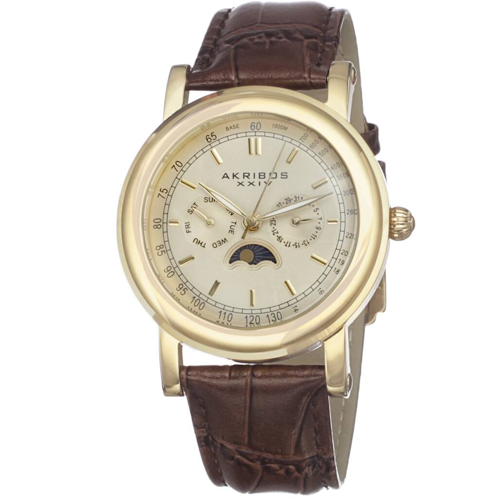 Akribos XXIV Men's Quartz Matte Dial Brown Leather Gold-Tone Strap Watch