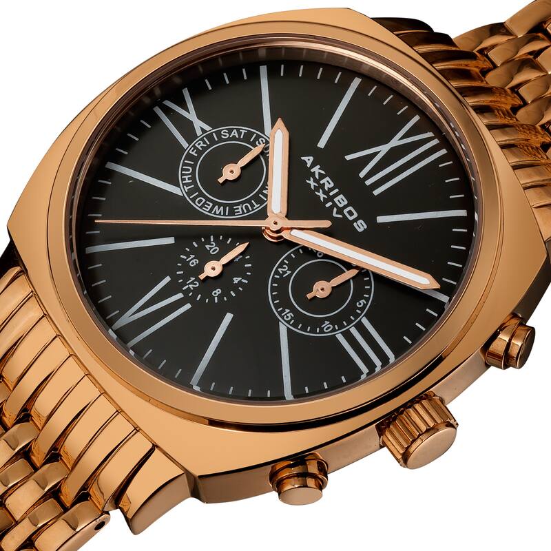 Akribos XXIV Men's Quartz Multifunction Vintage Stainless Steel Water-resistant Rose-Tone Watch