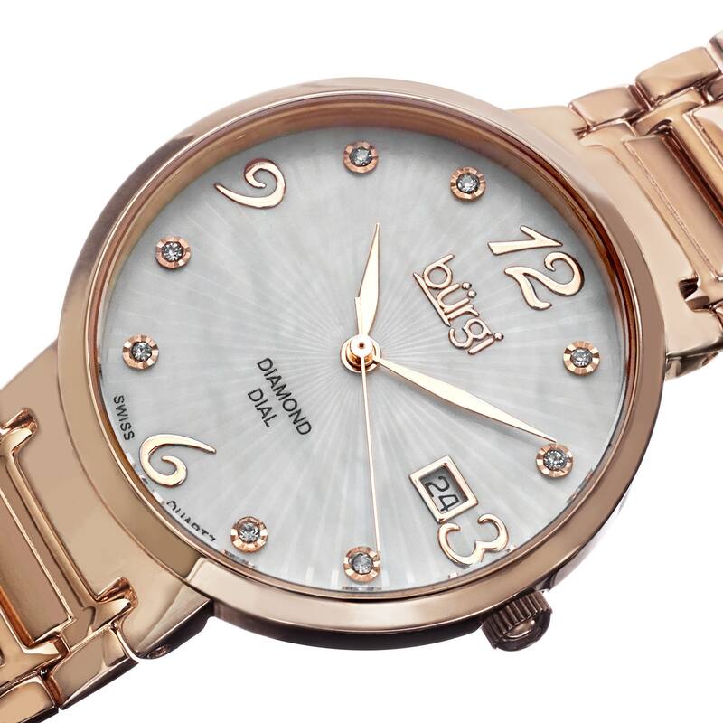 Burgi Ladies Swiss Quartz Stainless Steel Diamond Dial Rose-Tone Bracelet Watch