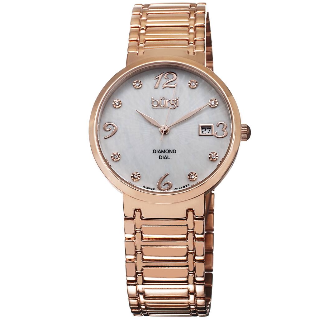 Burgi Ladies Swiss Quartz Stainless Steel Diamond Dial Rose-Tone Bracelet Watch