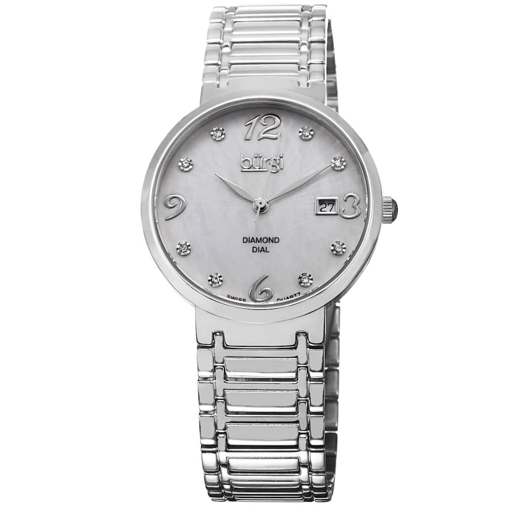 Burgi Ladies Silvertone Swiss Quartz Stainless Steel Diamond-dial Bracelet Watch