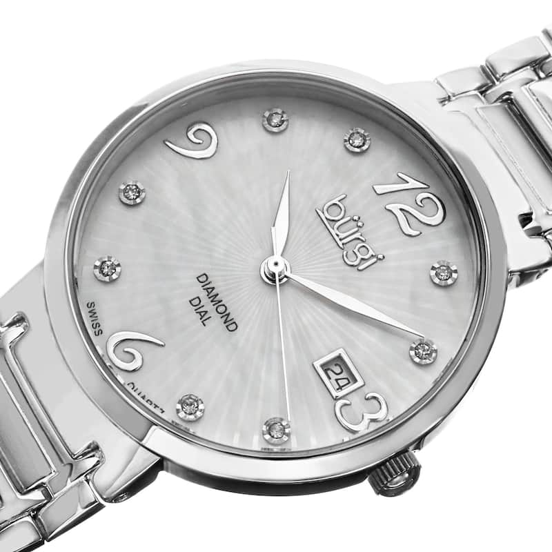 Burgi Ladies Silvertone Swiss Quartz Stainless Steel Diamond-dial Bracelet Watch
