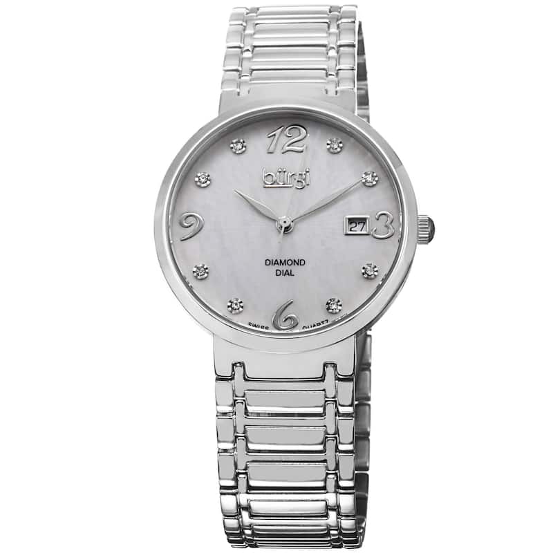 Burgi Ladies Silvertone Swiss Quartz Stainless Steel Diamond-dial Bracelet Watch