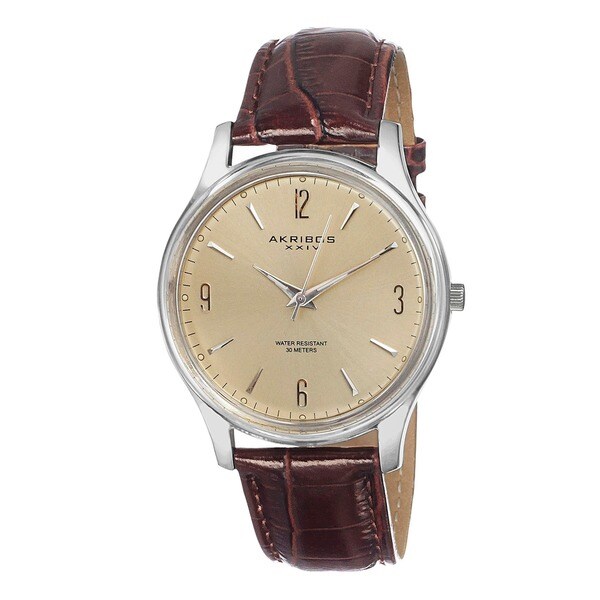Akribos XXIV Men's Stainless Steel Swiss Quartz Slim Leather Brown Strap Watch