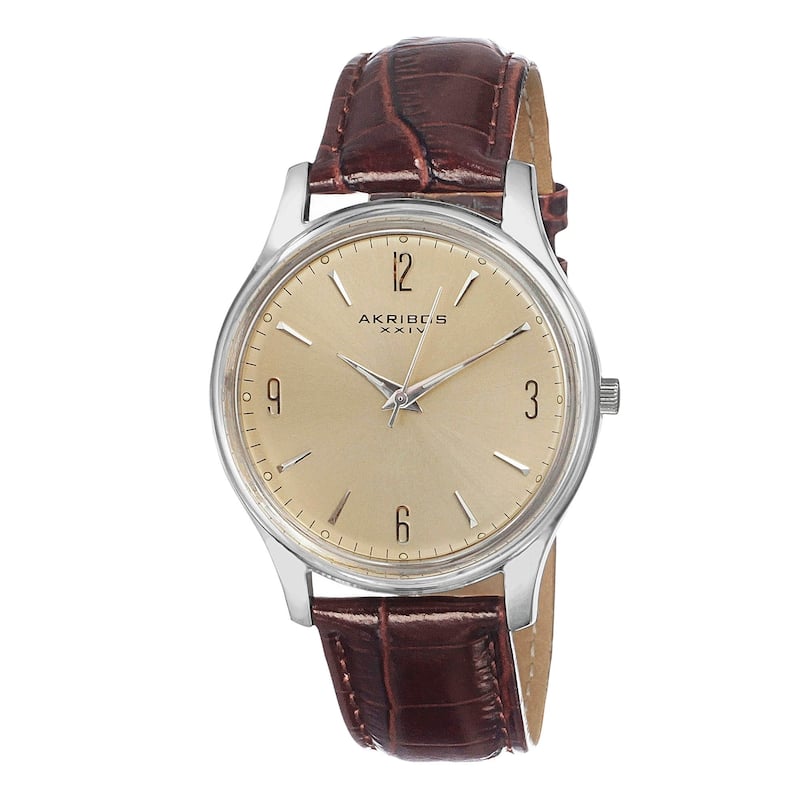 Akribos XXIV Men's Stainless Steel Swiss Quartz Slim Leather Strap Watch - Beige - Silver-Tone - Brown