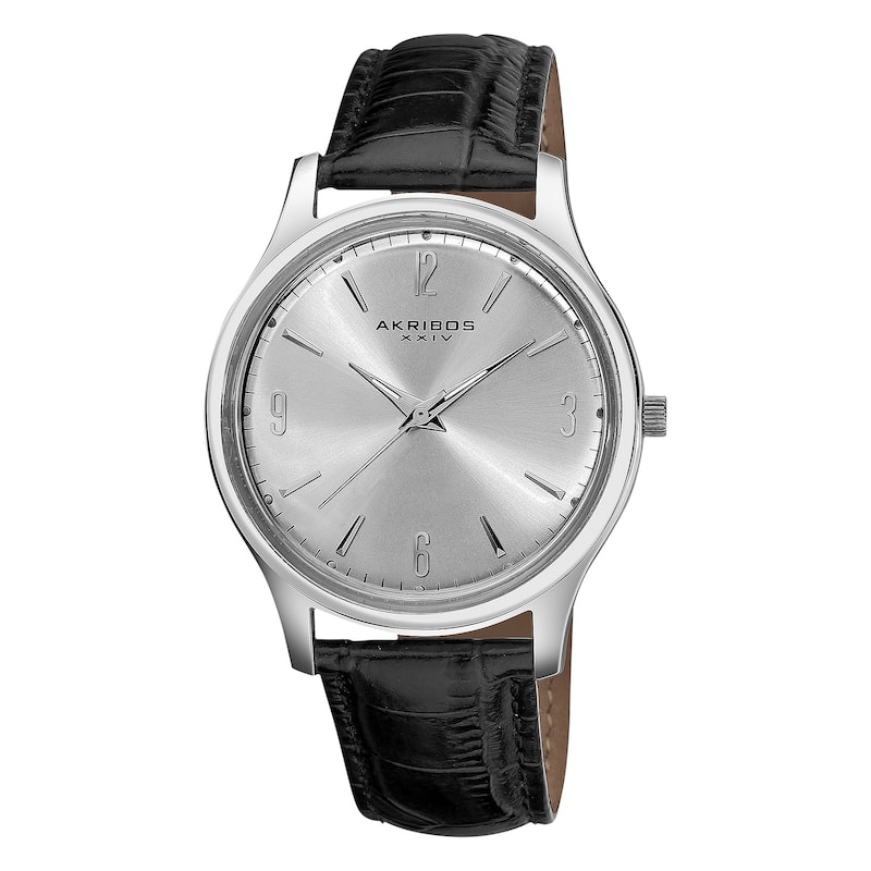 Akribos XXIV Men's Stainless Steel Swiss Quartz Slim Leather Strap Watch - Silver-Tone - Silver-Tone - Black