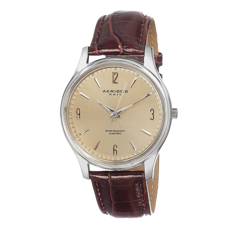 Akribos XXIV Men's Stainless Steel Swiss Quartz Slim Leather Strap Watch