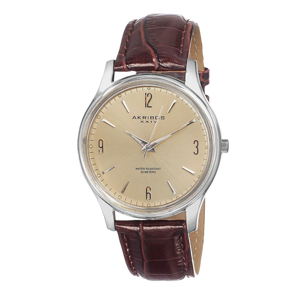 Akribos XXIV Men's Stainless Steel Swiss Quartz Slim Leather Strap Watch