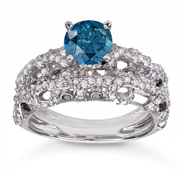 Shop 10k White Gold 2ct TDW Blue and White Diamond Bridal Ring Set Free Shipping Today