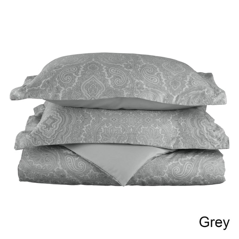 Superior Italian Paisley Cotton Blend 3 Piece Thread Count 600TC Duvet Cover Set with Pillow Shams - Grey - Full - Queen