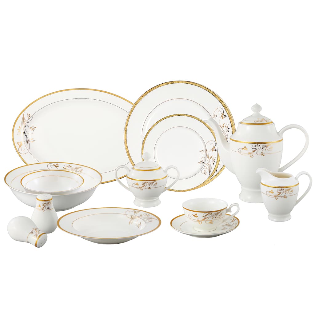 Lorren Home Trends La Luna Bone China 57-piece Gold Floral Design Dinnerware Set