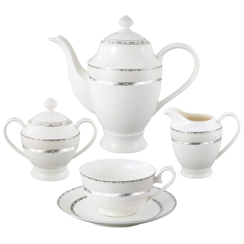 Lorren Home Trend La Luna Bone China 57-piece Silver Embossed Dinnerware Set