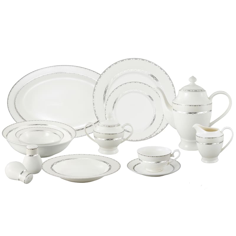 Lorren Home Trend La Luna Bone China 57-piece Silver Embossed Dinnerware Set