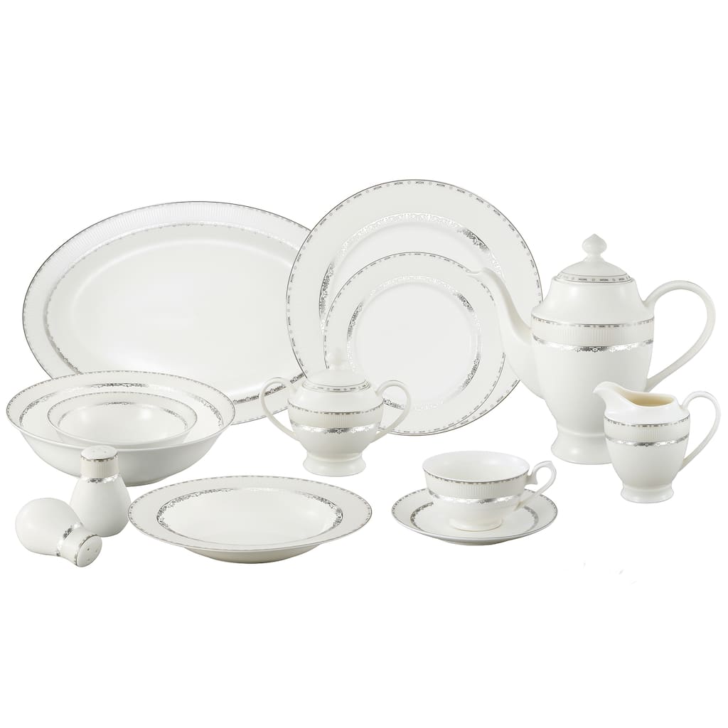 Lorren Home Trend La Luna Bone China 57-piece Silver Embossed Dinnerware Set