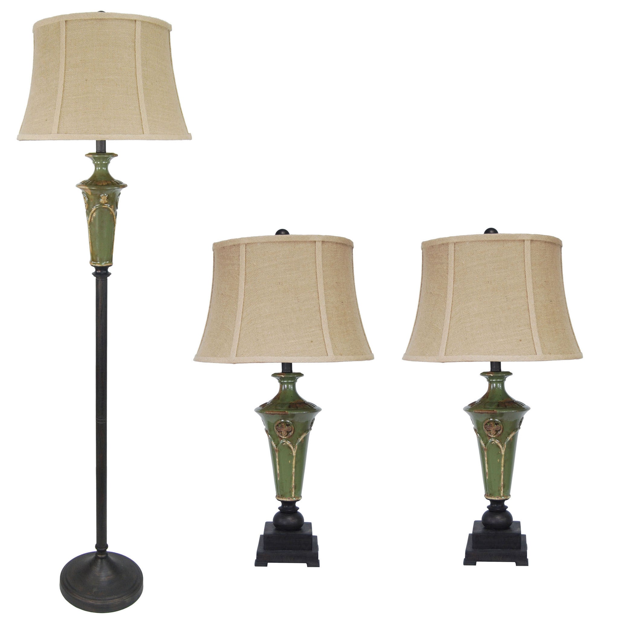 Green Ceramic Bronze Finish 3 piece Lamp Set