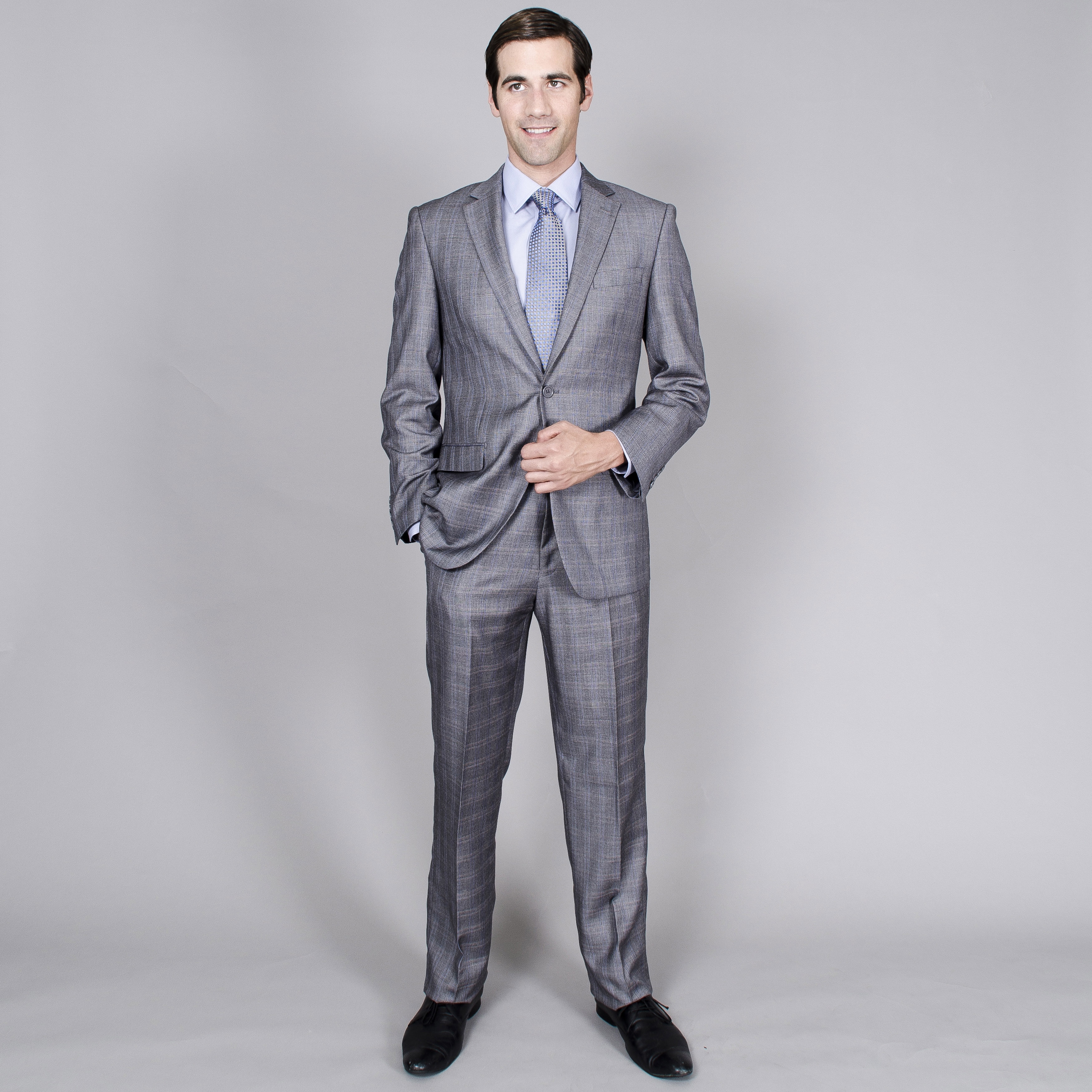 Mens Grey Windowpane Two button Suit With Two Front Pockets