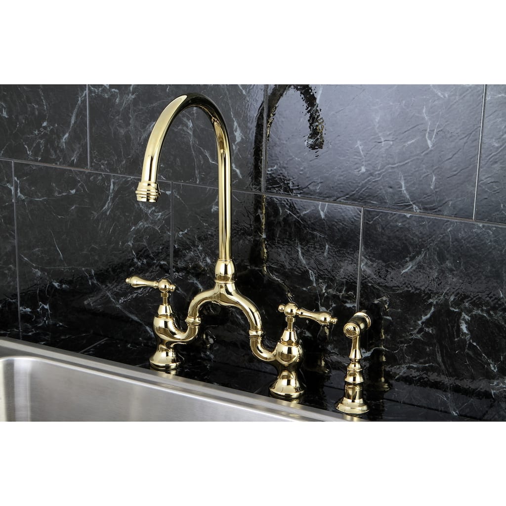 Kingston Brass Vintage High-spout Polished Brass Bridge Kitchen Faucet with Side Sprayer