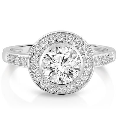 Collette Z Sterling Silver with Rhodium Plated Clear Round Cubic Zirconia Bridal Solitaire with Halo Engagement Ring