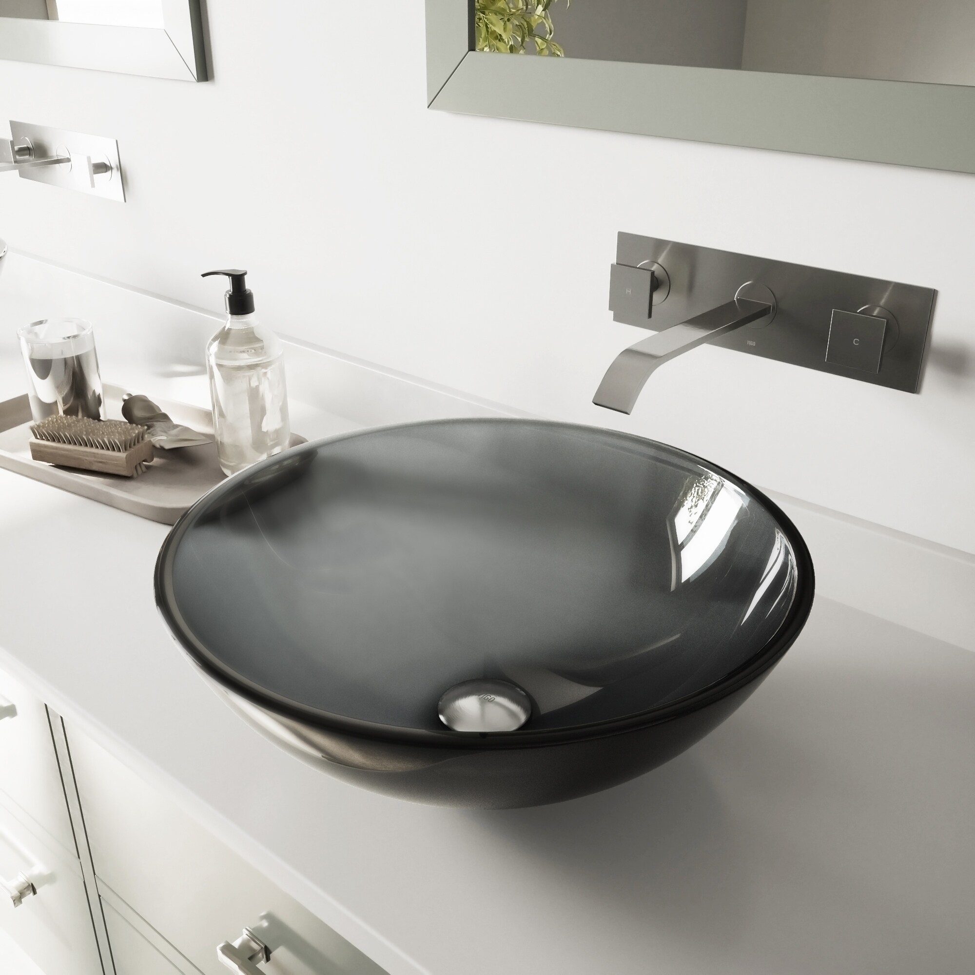 Vigo Sheer Black Glass Vessel Sink And Brushed Nickel Wall Mount Faucet Set