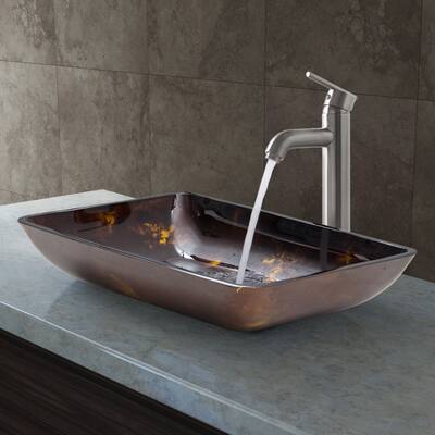 VIGO Rectangular Brown and Gold Fusion Glass Vessel Sink and Faucet Set in Brushed Nickel