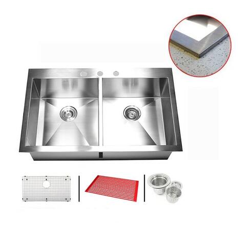 Stainless Steel 33-inch Double Bowl Topmount Drop-in Zero Radius Kitchen Sink with Combo Accessories