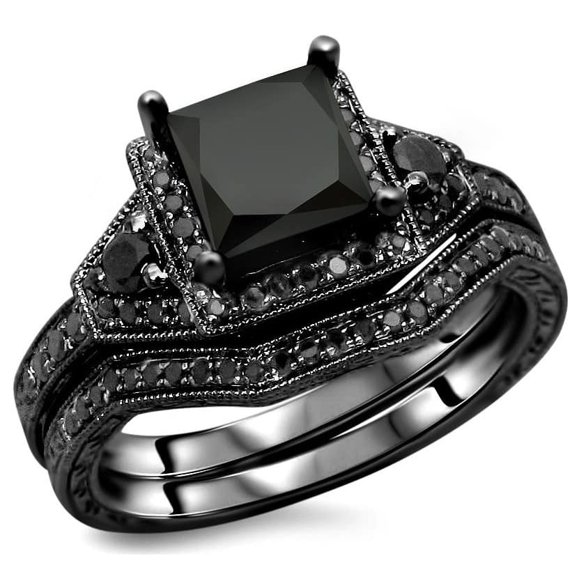 14k Black Gold 2ct TDW Certified Black Princess-cut Diamond Engagement Ring Bridal Set