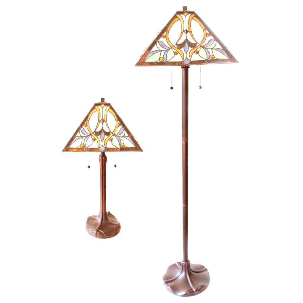 Tiffany Style Floral Table and Floor Lamp Set