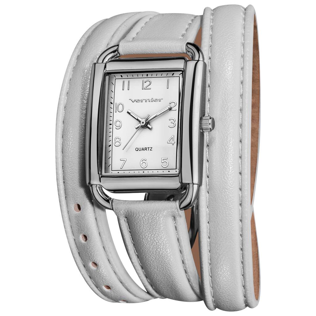 Vernier Women's Quartz Silvertone White Genuine Leather Triple Wrap Strap Watch