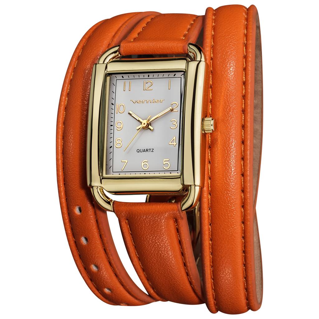 Vernier Women's Quartz Gold-Tone Orange Genuine Leather Triple Wrap Strap Watch