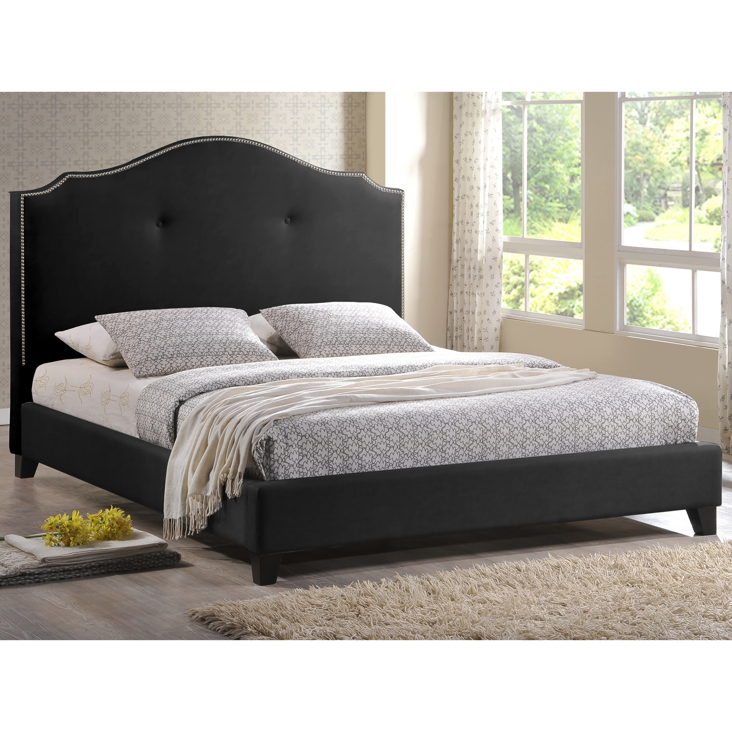 Baxton Studio Baxton Studio Marsha Scalloped Black Modern Bed With Upholstered Headboard Black Size King