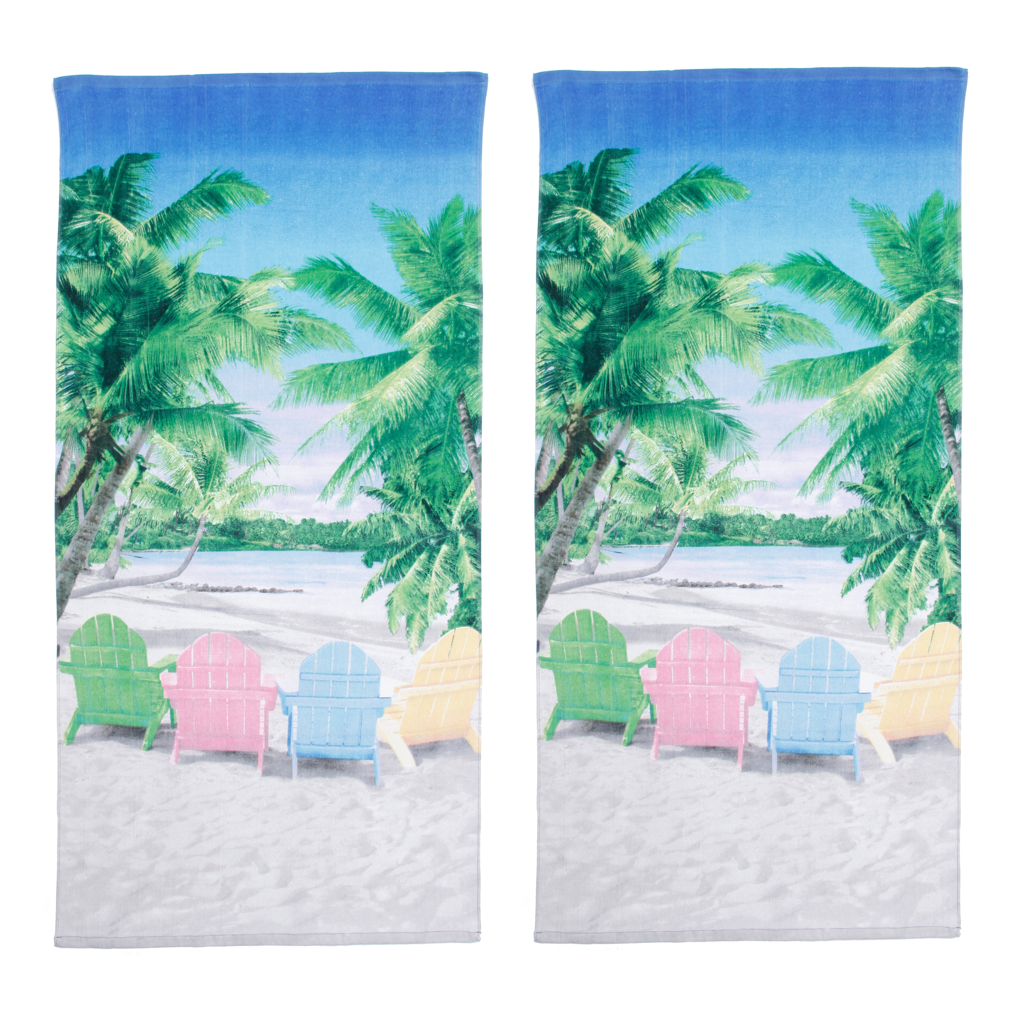 Tropical Beachfront Chairs Beach Towel Set Of 2 (MultiDimensions 60 inches long x 30 inches wide Includes Two (2) TowelsTropical beach setting designFiber reactive printed towelFine print from edge to edgeVelour for softnessMachine Wash Cold, Gentle Cycl