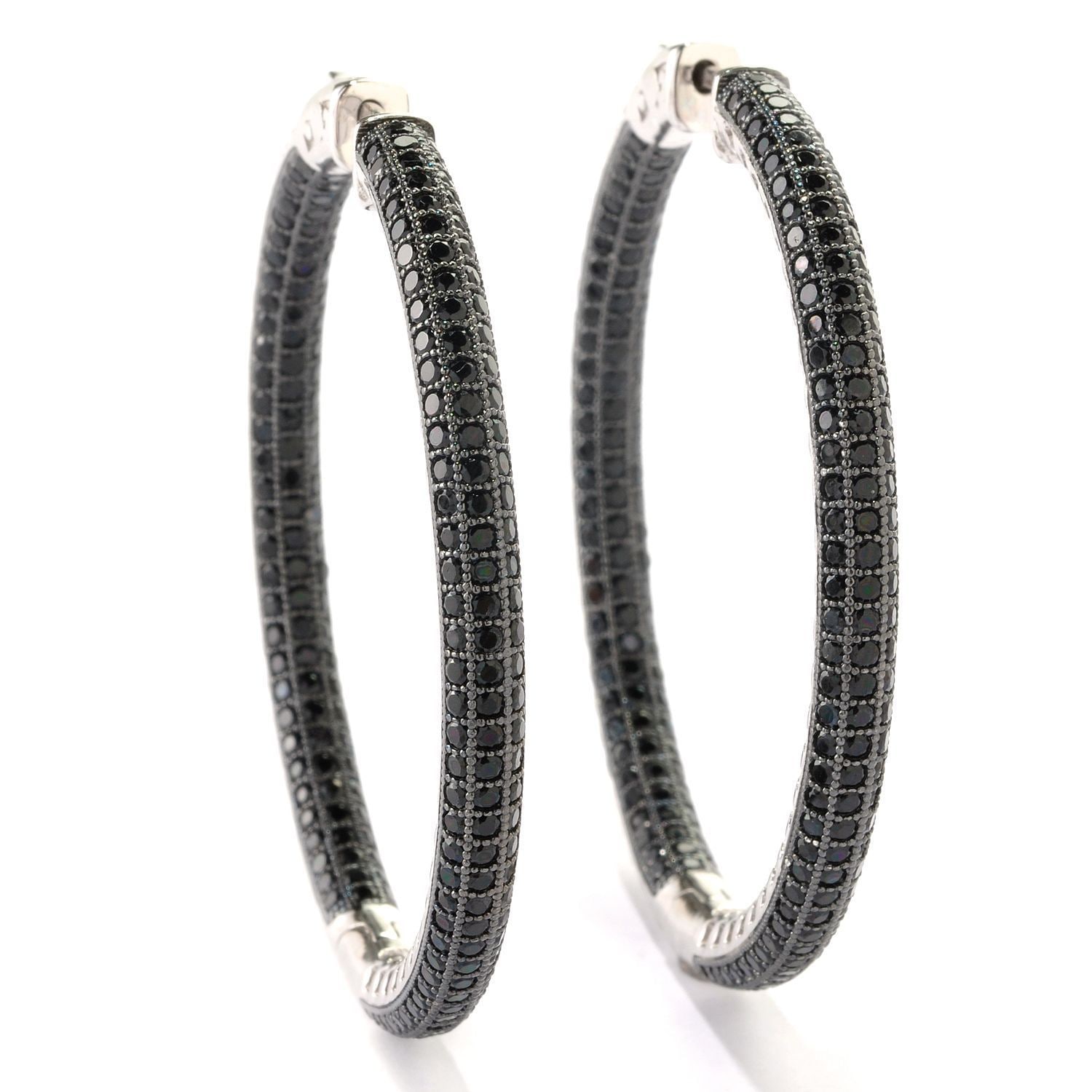 Pinctore Sterling Silver 2" Black Spinel Inside out Mumma Hoop Earrings
