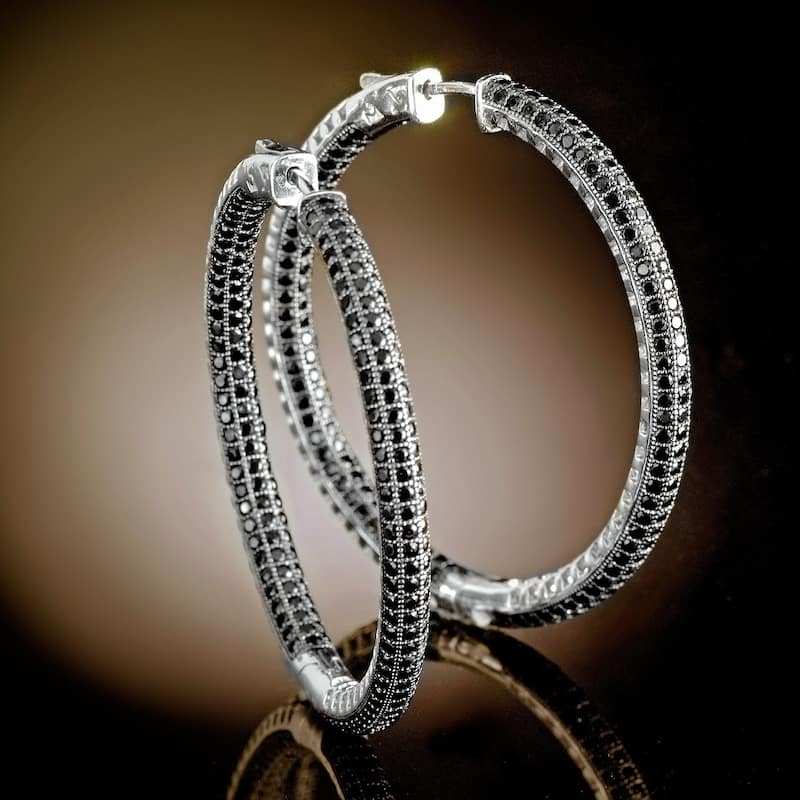 Sterling Silver 2" Black Spinel Inside out Mumma Hoop Earrings