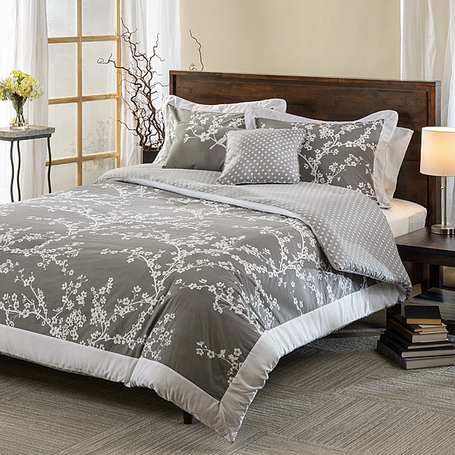 Hatzlocha Hanami Grey And White Cotton Reversible 5 piece Comforter Set Grey Size Queen