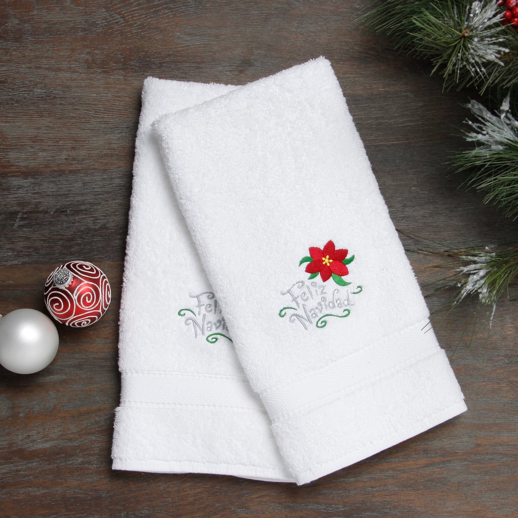 Embroidered Feliz Navidad with Poinsettia Holiday Turkish Cotton Hand Towels (Set of 2)